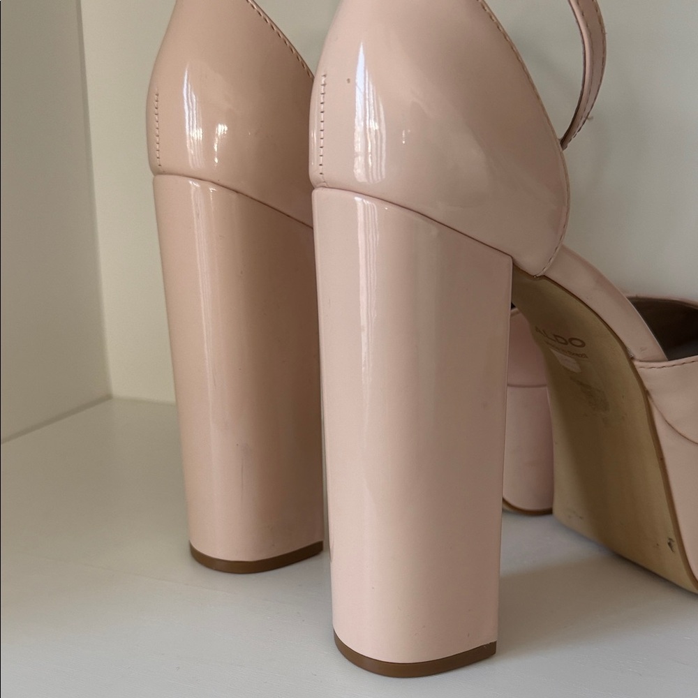 Aldo Nude Patent Platform Block Heel Pumps with‎ Ankle Strap - Picture 9 of 10